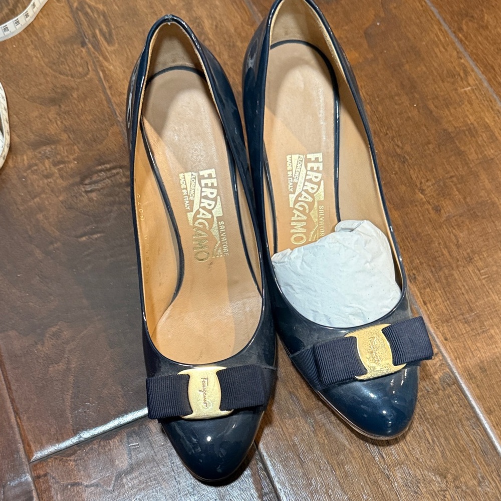Salvatore Ferragamo Carla 70 Navy Pumps with Gold Accent